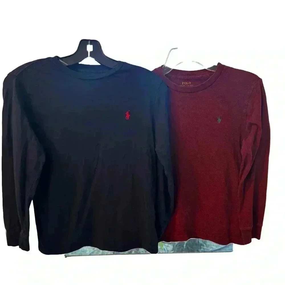 (2) Polo Ralph Lauren Boys T-Shirts Long Sleeve 1- Navy 1-cranberry Sz M 10-12